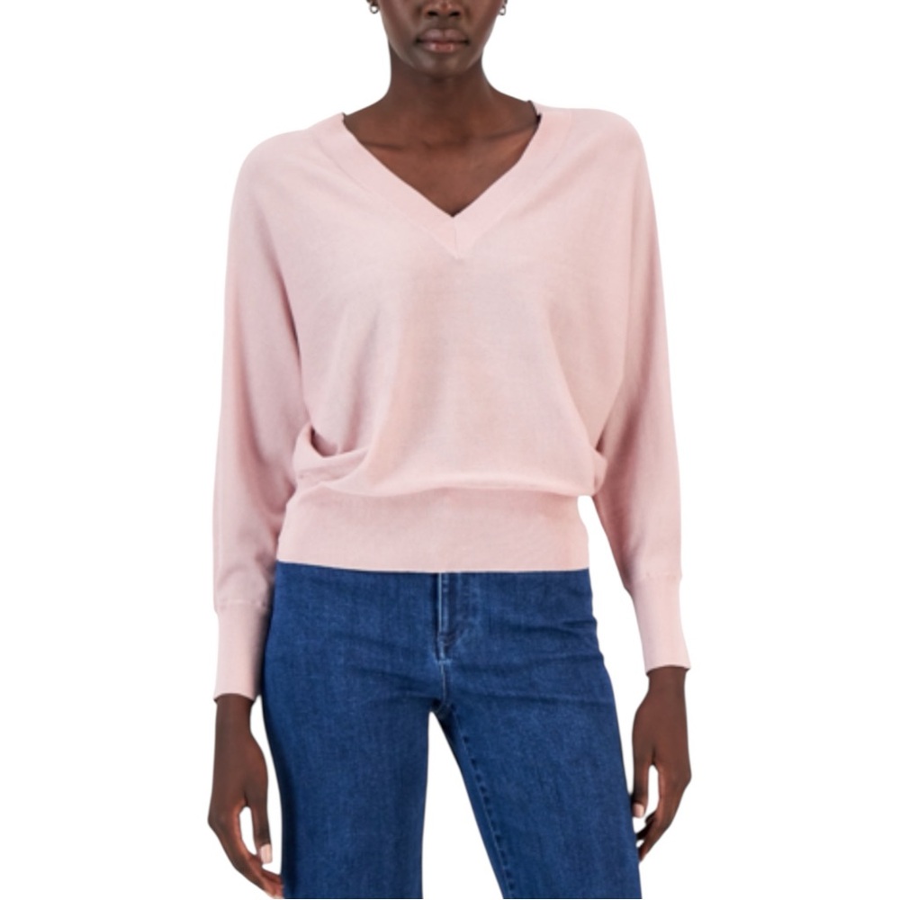 INC International Concepts Pink V-Neck Sweater Size L Soft Knit Relaxed Fit